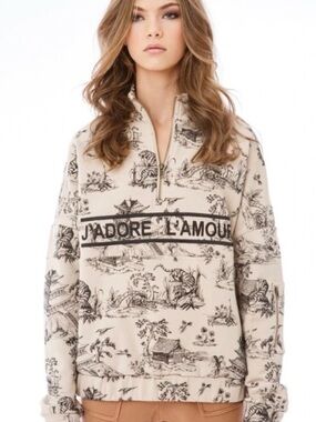 Ell and Emm J'Adore L'Amour Beige Graphic Half-Zip Sweatshirt